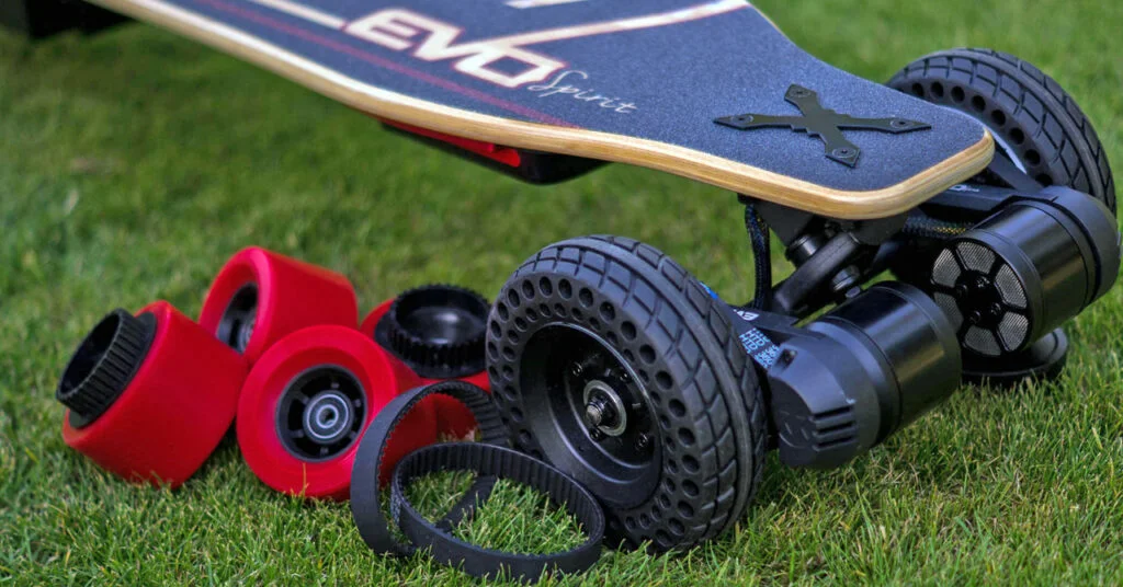 Illustration of an electric skateboard with technical terms